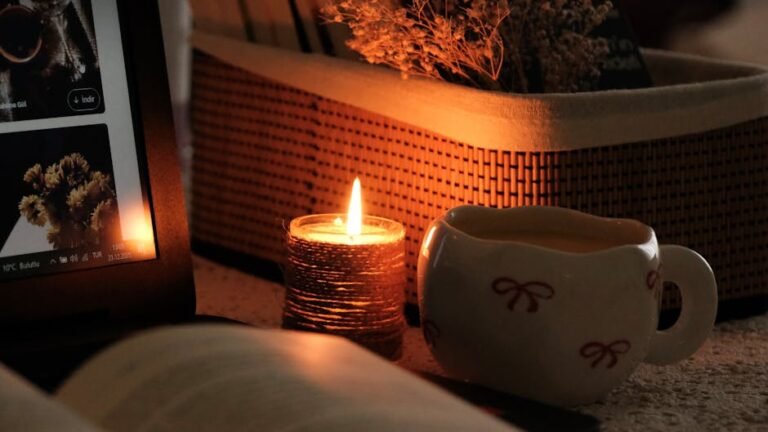 Warm candlelit scene with a digital book and tea for a cozy atmosphere.