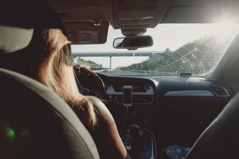 Woman driving on a highway during daytime, capturing road trip mood.