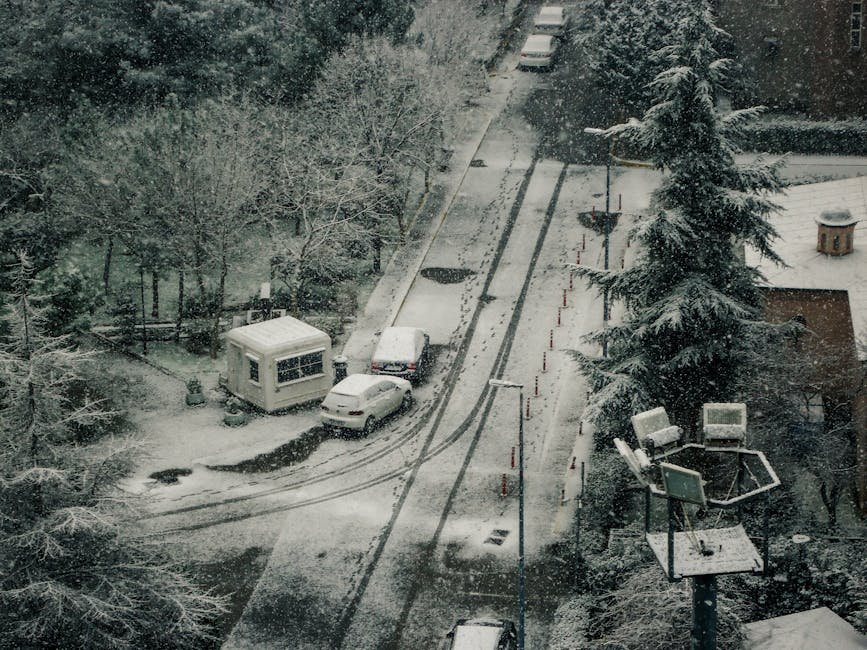 Aerial view of a snowy urban street with cars and trees covered in snow during winter.